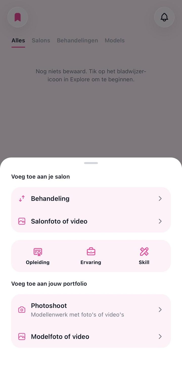 Het toevoegscherm van de app: voeg een behandeling, salonfoto of portfolio toe